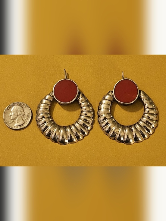 Jewelry - Amazing statement Mexican silver large ridged earrings with a red cabachon. 2.5